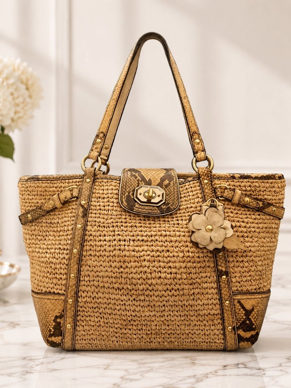 Coach 16839 Natalie Straw Python Trim Tote Natural Zebra Lining Turnlock